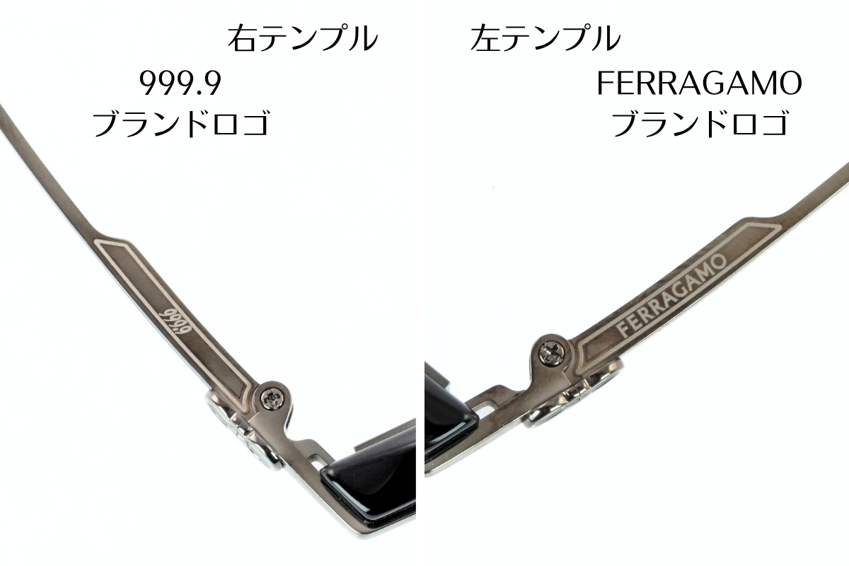 999.9×Salvatore Ferragamoのスクエアメガネ「SF9021」のテンプルロゴ